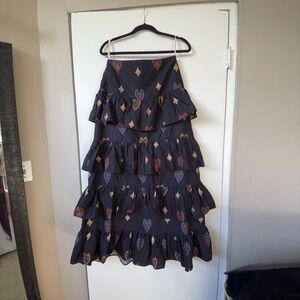 Farm Rio Elegant Black Tiered Skirt with Heart Patterns